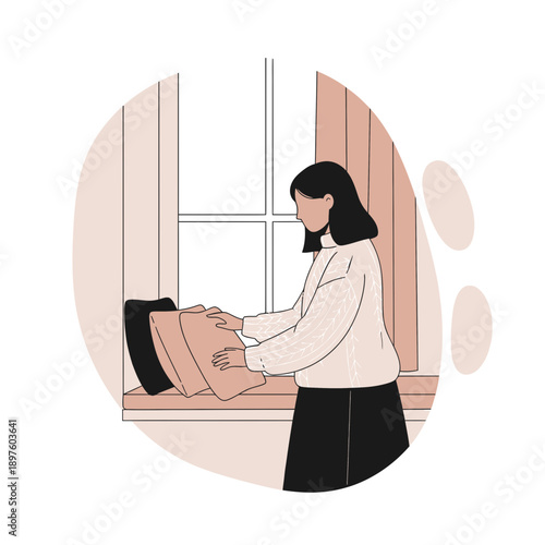 Cozy Home Atmosphere With Woman Arranging Cushions On Window Sill