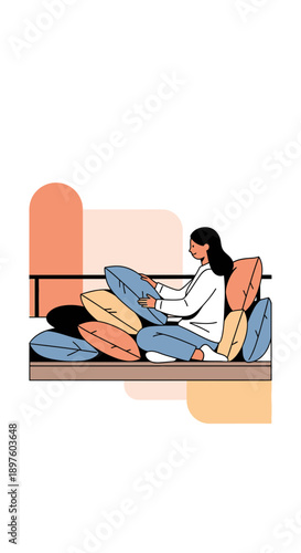 Cozy Home Comfort Woman Arranging Cushions on Sofa Relaxing