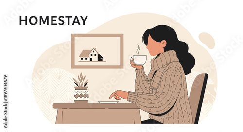 Cozy Homestay Experience With Warm Beverage Illustration