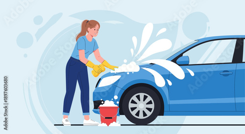 Creative Scene Of A Woman Washing A Blue Car With Soap And Water In A Bright Setting