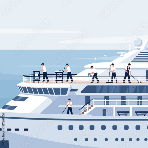 Crew Members Maintaining Pristine Cruise Ship Decks Outdoor During Daytime