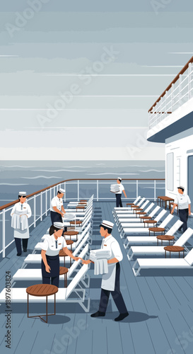 Cruise Ship Crew Preparing Deck for Guests Welcoming Maritime Service