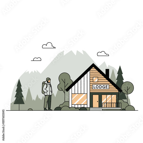 Cozy Mountain Lodge Getaway With Hiker Exploring Nature Scenery