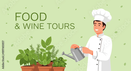 Culinary Adventure Chef Watering Garden Fresh Herbs For Gastronomic Exploration