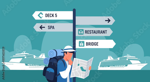 Cruise Ship Navigation Pointer And Traveler Studying Map
