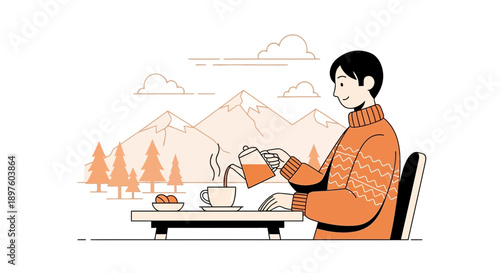 Cozy Mountain Retreat Beverage Break Serene Nature Scene