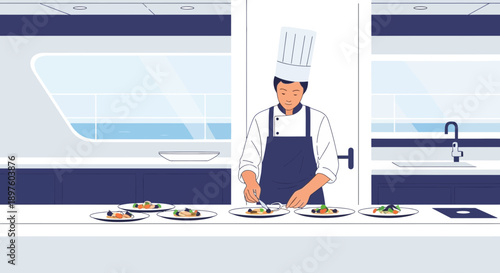 Culinary Artistry In A Modern Kitchen Setting Chef Preparing Gourmet Dishes