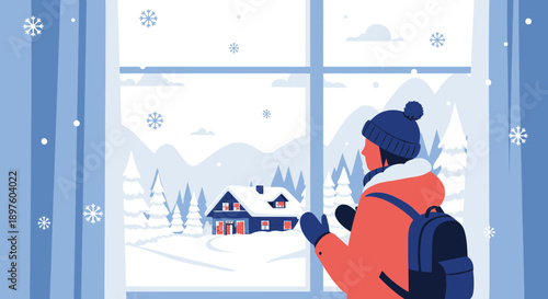 Cozy Winter Cabin View From Inside Through Snowing Window