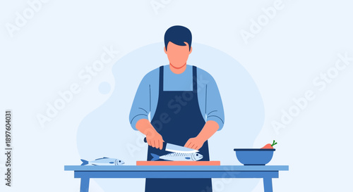 Culinary Preparation Chef Slicing Fresh Fish At A Culinary Station With Ingredients