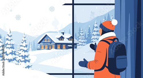 Cozy Winter Cabin View Through Window During Snowfall