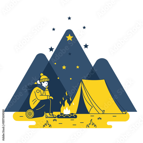 Cozy Winter Camping Scene Under a Starry Night Sky Illustration