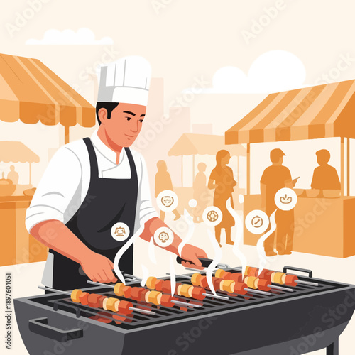 Culinary Professional Grilling Delicious Skewers At A Lively Outdoor Food Market Event