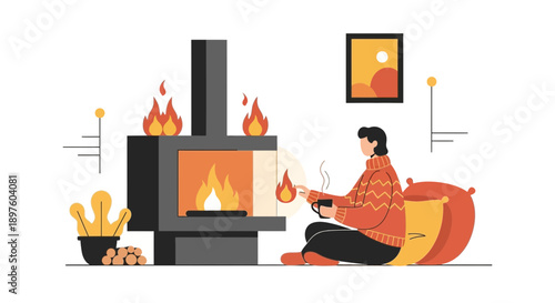 Cozy Winter Evening With Warm Fireplace And Hot Beverage