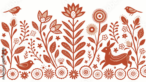 Whimsical floral pattern with rabbit and birds in vintage style