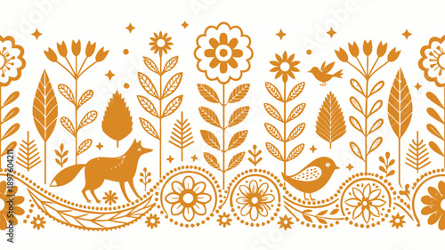 Whimsical forest scene with fox and bird in orange floral pattern