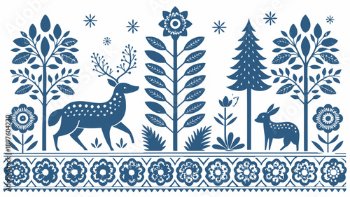 Whimsical forest scene with deer and rabbit in blue floral pattern