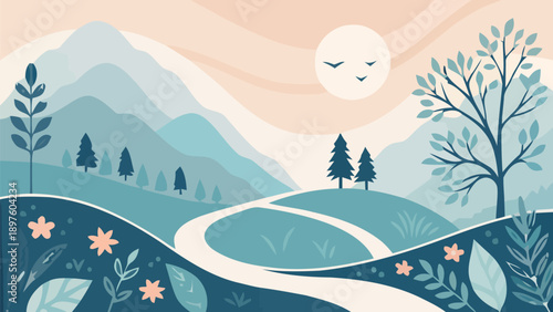 Serene mountain landscape with winding road and blooming flowers