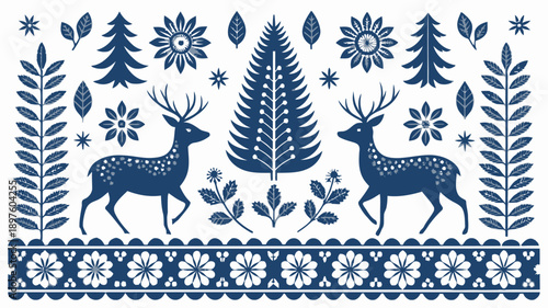 Whimsical forest scene with deer and foliage in blue hues