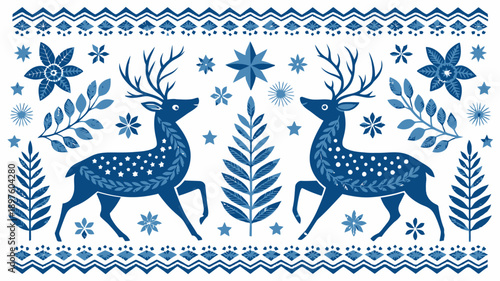 Elegant blue deer illustration with floral patterns and stars