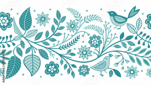 Whimsical floral pattern with birds and leaves in soothing teal hues
