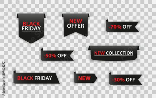 Black Friday Sale Ribbon Tags and Promotional Badges Set with New Offer Labels
