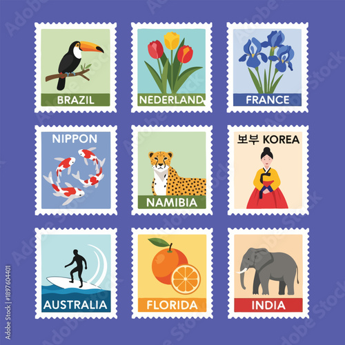Collection of colorful international postage stamps from around the world
