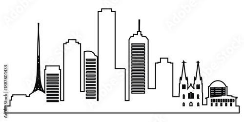 Melbourne Skyline Line Art – Black and White City Silhouette with Spire, Cathedral, Dome, and Skyscrapers. Suitable for both commercial and editorial use across print and digital platforms.