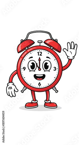 Playful anthropomorphic red alarm clock character with arms and legs, cheerful smiling face illustration for graphic resource use.