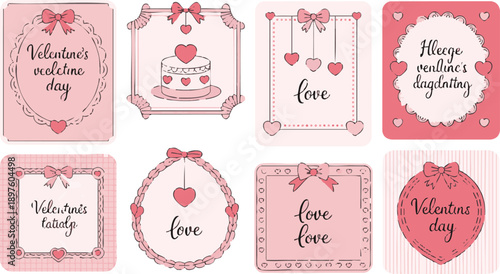 Set of girly coquette greeting cards for Valentine's Day. Hand drawn frames in whimsical lines by shape hearts, with bows and ribbons, cake in shape heart, sweet cherry. Poster, wedding