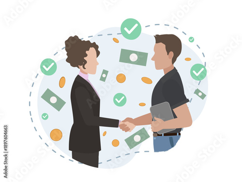 Business agreement concept with handshake and deal elements. Ideal for contracts, negotiations, partnerships, B2B collaboration, sales closing and corporate communication.