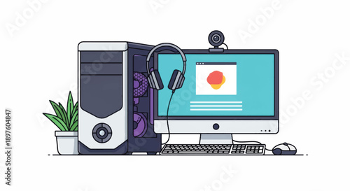 Modern technology driven computer workstation featuring desktop, monitor, keyboard, mouse, headset and tidy desk setup.