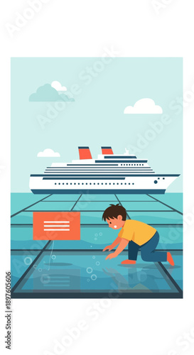 Curious Child Explores Aquarium Floor Near Grand Ocean Liner