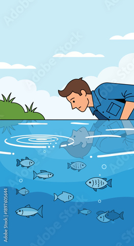 Curious Observer Gazes Into Lively Aquatic Ecosystem Below Rippling Water Surface