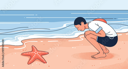 Curious Child Discovers Starfish on Sandy Shoreline