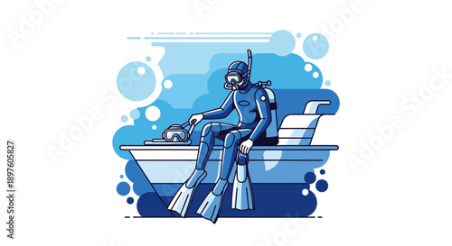 Dive Expedition Preparation Diver Sitting On Boat With Gear Ready For Underwater Adventure