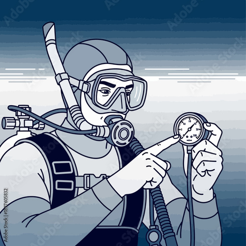 Diver Checks Gauge Underwater Exploring Ocean Depths Safely