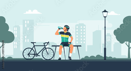 Cyclist Resting And Hydrating In Urban Park With Cityscape Background