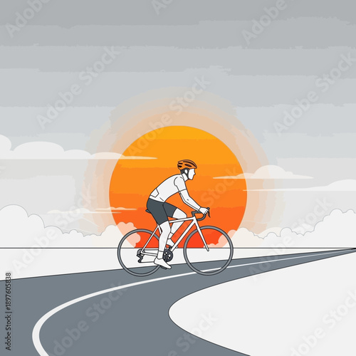 Cyclist Rides Towards Sunrise Sky Athletic Morning Outdoor Activity