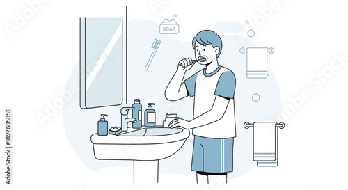 Daily Morning Hygiene Routine Young Man Brushing Teeth At Bathroom Sink