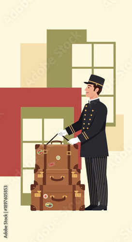 Dapper Bellhop Attendant With Stacked Vintage Luggage Ready For Travel