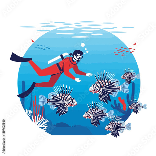 Diver Encounters Vibrant Lionfish School In Tropical Ocean Waters