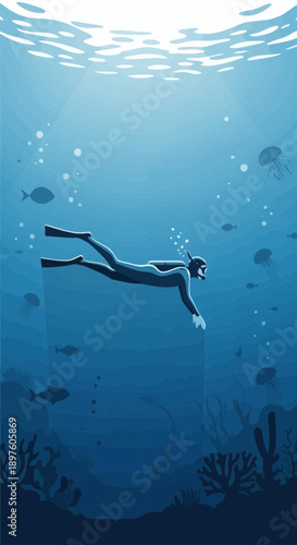 Diver Exploring Deep Blue Ocean Waters Amidst Marine Life