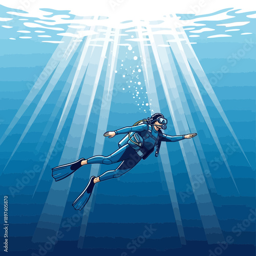 Diver Exploring Deep Blue Ocean Waters Sunlight Rays Descending Gracefully