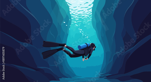 Diver Exploring Deep Ocean Cave Sunlight Filtering Through Water