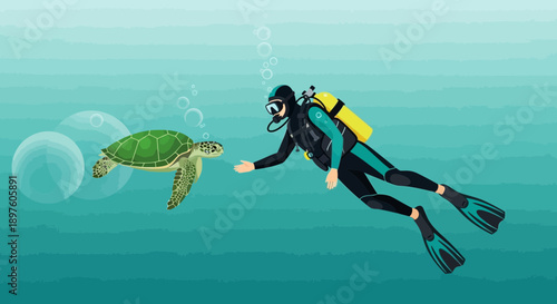 Diver Interacts With Sea Turtle Underwater Adventure