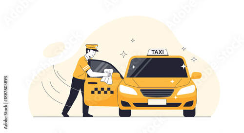 Dedicated Driver Polishing Yellow Taxi Cab With Cloth For Passenger Service