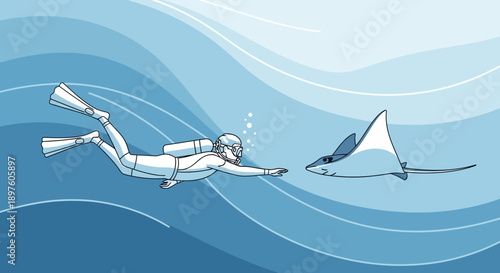 Diver Reaches Out To Friendly Sea Ray Under Blue Waves