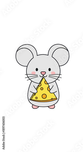 Adorable cartoon mouse holding a cheese wedge in a cute, playful animal illustration.