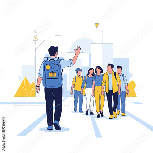 Diverse Group Embarks On Urban Exploration Adventure Guided By Leader