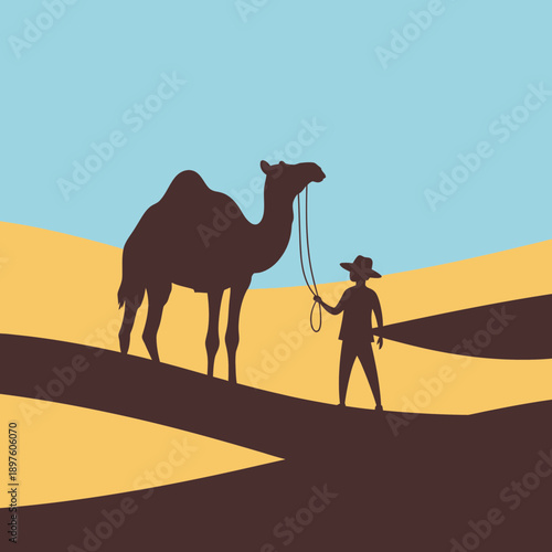 Desert Caravan Silhouette With Traveler And Camel In Sandy Dunes
